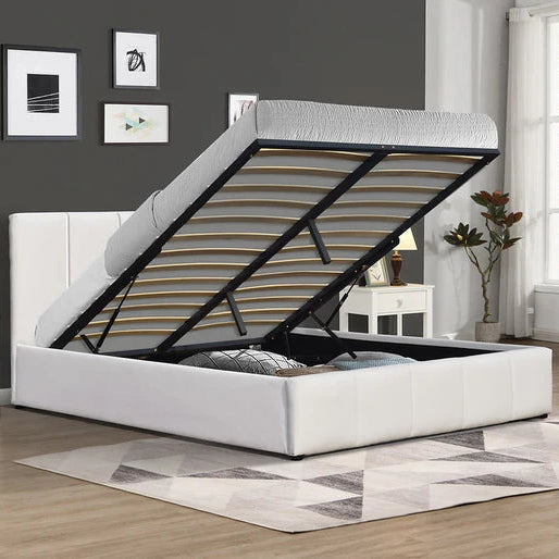 Stark Leather Platform Bed Frame With Hydraulic Lift-Up Storage - White