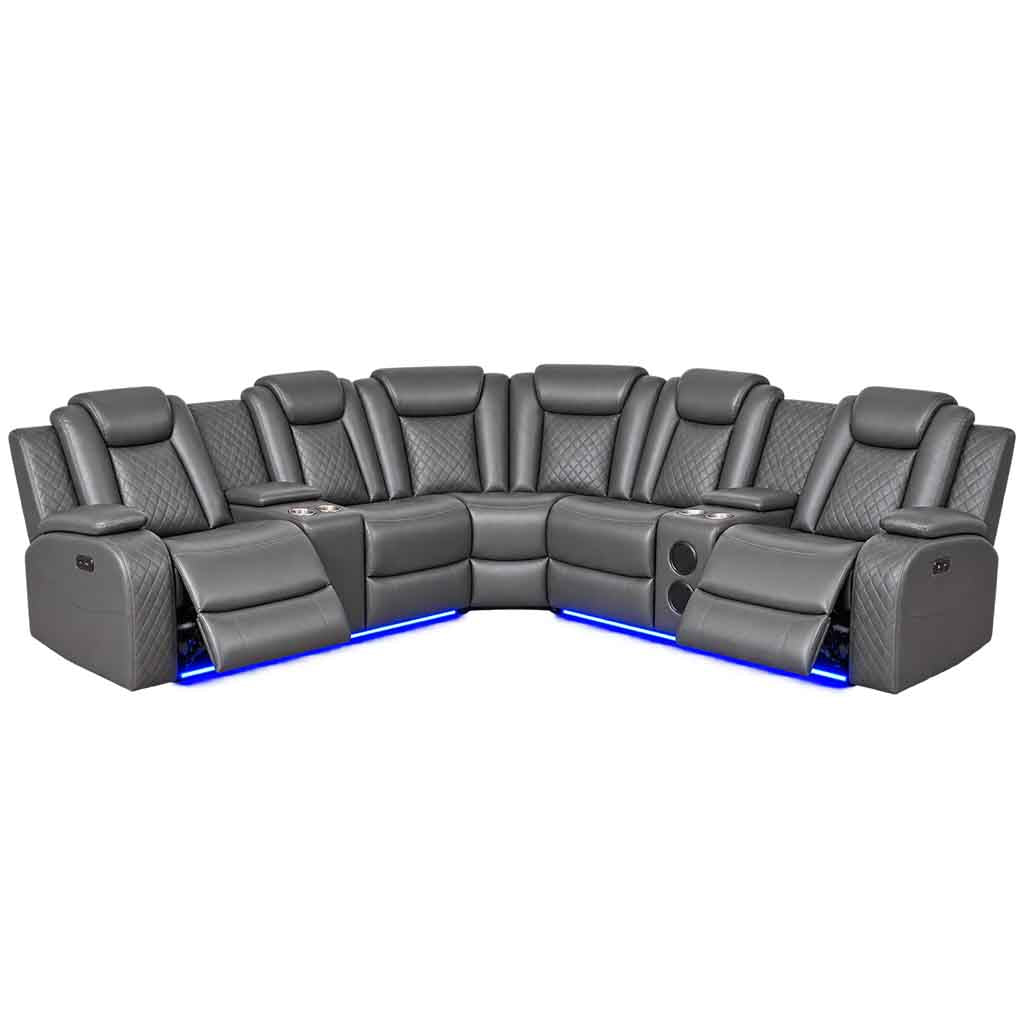 Finley 5-Seater Sectional Recliner In Leathaire Upholstery - Grey | Power Recline, Wireless Charger, Bluetooth Speakers, Bottom LEDs, Cup Holders &amp; Storage Console