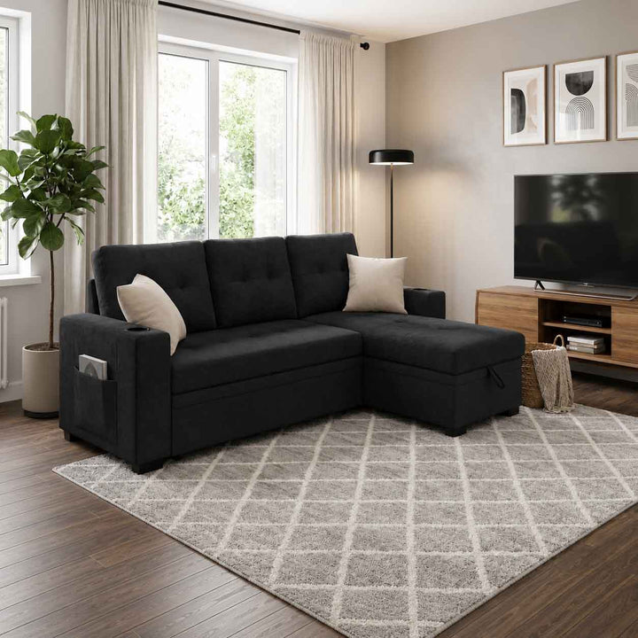 Kestrel Fabric Upholstered Sectional Sofa Bed With Reversible Storage Chaise - Black