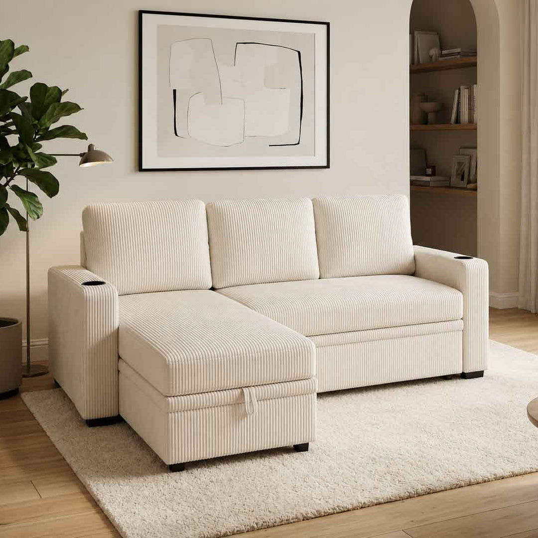 Robin Fabric Upholstered Sectional Sofa Bed With Reversible Storage Chaise - Beige