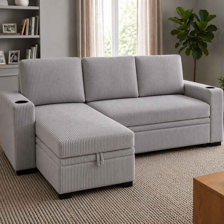 Robin Fabric Upholstered Sectional Sofa Bed With Reversible Storage Chaise - Grey