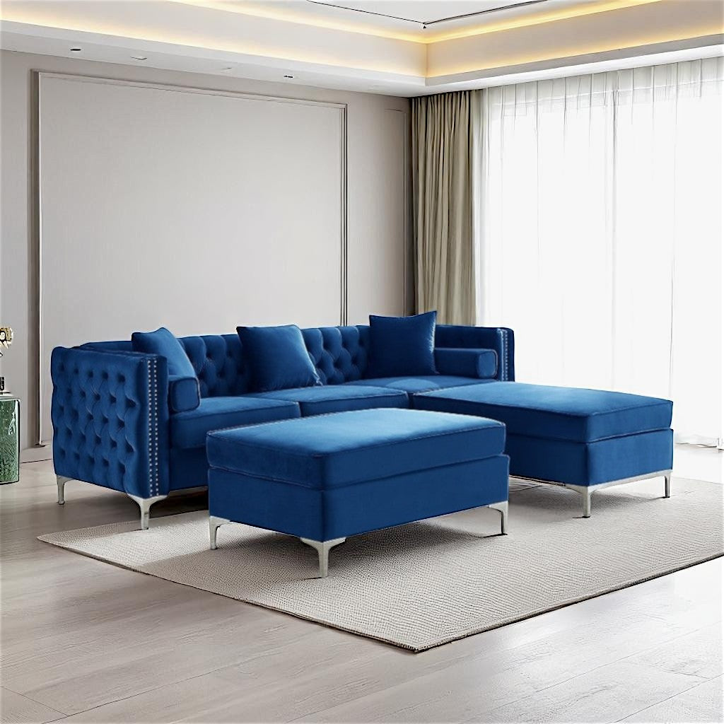 Recar Reversible Sectional Sofa In Velvet Upholstery - Tempting Blue