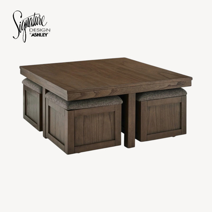T738-20 Boardernest Coffee Table With Stools - Brown | Signature Design By Ashley