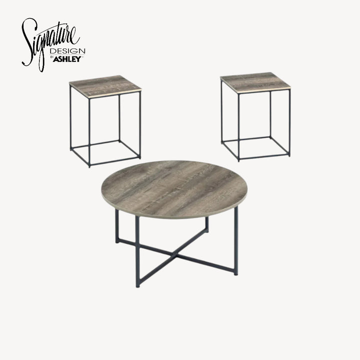 T103-213 Wadeworth Occasional Table Set (Set of 3) - Woodgrain/ Black | Signature Design By Ashley