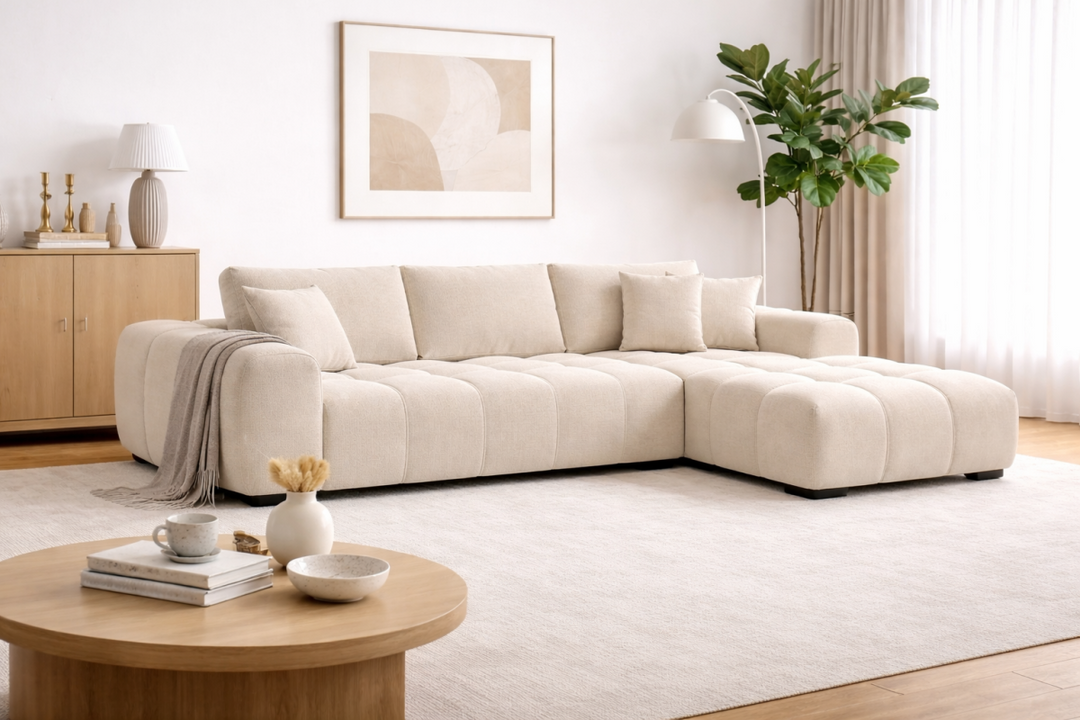 Simon Beige L-Shaped Sectional Sofa In Fabric Upholstery | Available In RHF/ LHF Configuration