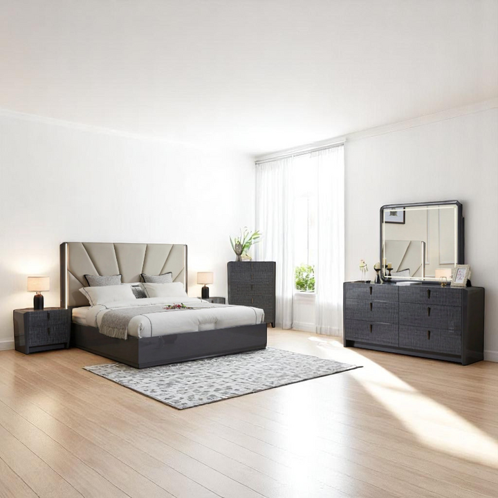 Nocturne 8-Piece Bedroom Set With Built-in LED Lights & Wireless Charging - Grey