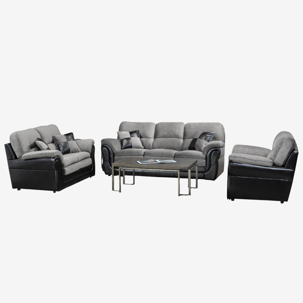 Oaklyn 3-Piece Fabric Upholstered Sofa Set In Grey/ Black Finish