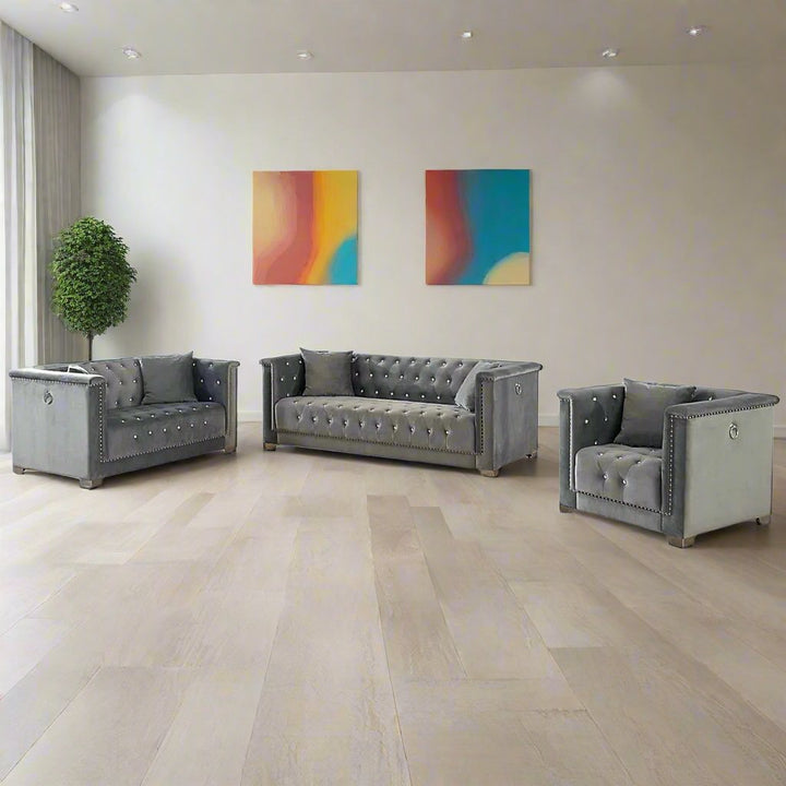Nova 3-Piece Captivating Sofa Set With Velvet Upholstery - Grey
