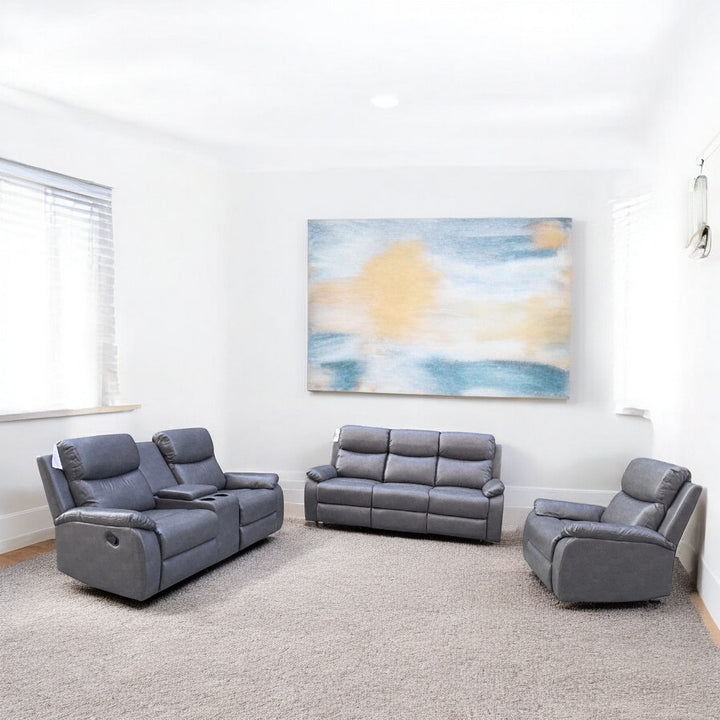 Comfoza 3-Piece Manual Recliner Set In Leather Upholstery - Grey
