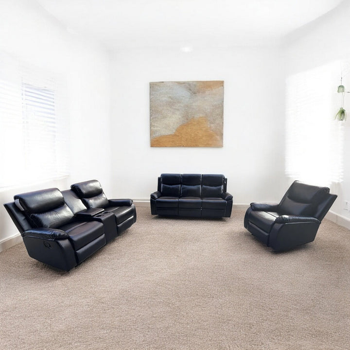 Comfoza 3-Piece Manual Recliner Set In Leather Upholstery - Black
