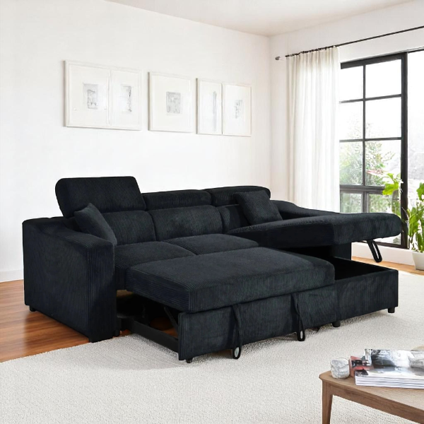 Aureus Reversible Sectional Sofa Bed In Fabric Upholstery - Black - Close-Up Detail
