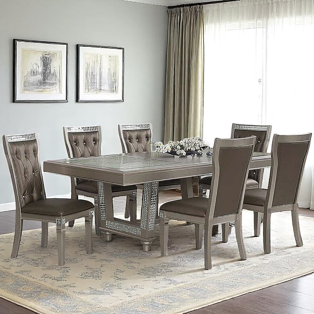 Crystal 7-Piece Dining Set With 18" Extension Leaf - Silver/ Champagne