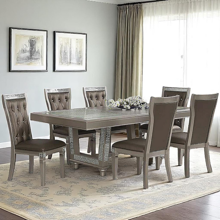 Crystal 7-Piece Dining Set With 18" Extension Leaf - Silver/ Champagne