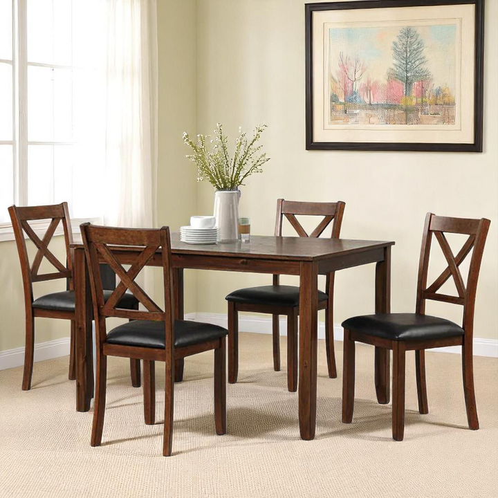 Eza Wooden Dining Table Set For 4 With PU Upholstered Chairs - Cherry