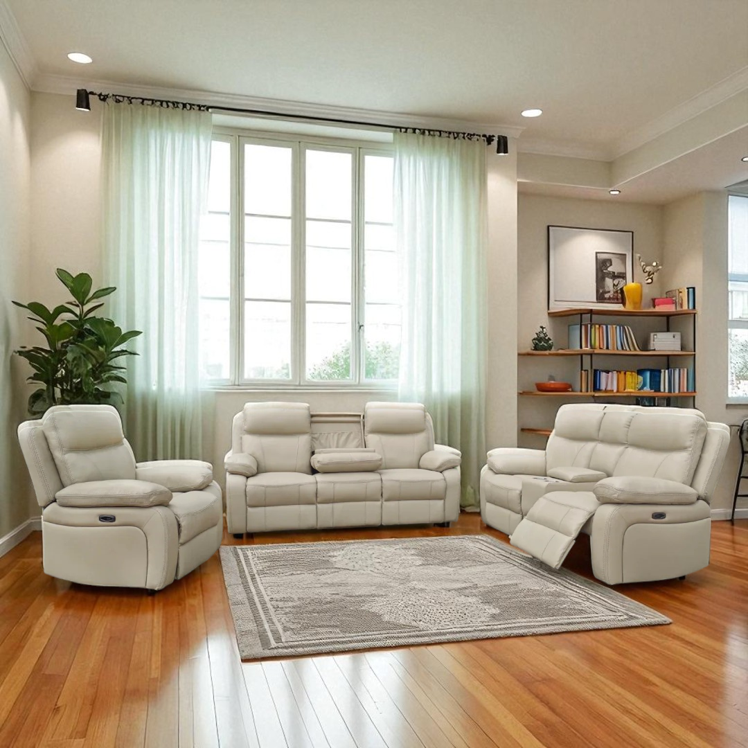 Cuddle 3-Piece Power Recliner Set In Genuine Leather Upholstery - Beige
