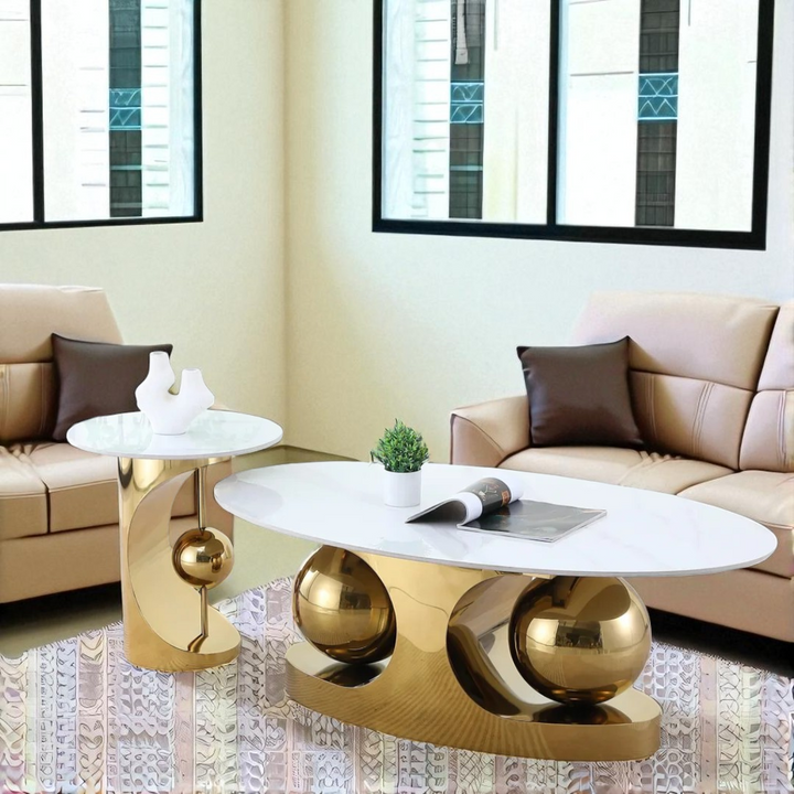Ophelia Metallic Coffee Table Set In Polished Gold/ White Finish