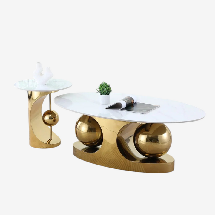 Ophelia Metallic Coffee Table Set In Polished Gold/ White Finish