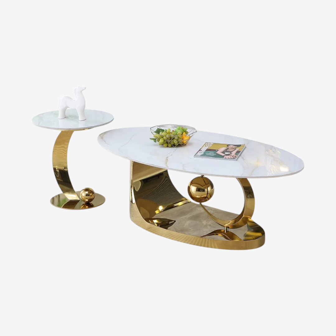 Melody Metallic Coffee Table Set In Polished Gold/ White Finish