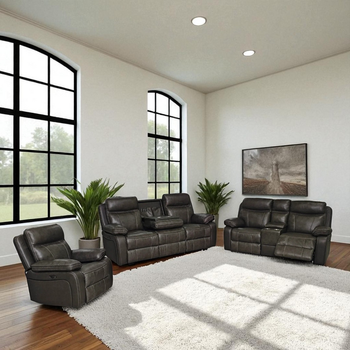 Cuddle 3-Piece Power Recliner Set In Genuine Leather Upholstery - Brown