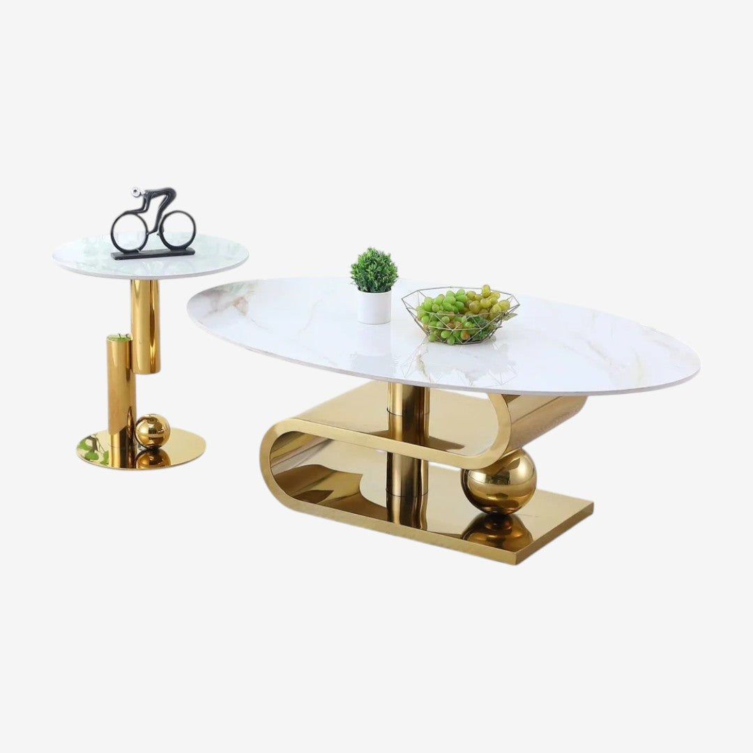 Daphne Metallic Coffee Table Set In Polished Gold/ White