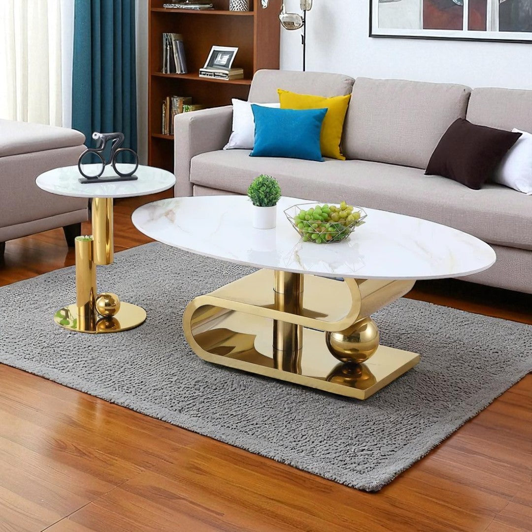 Daphne Metallic Coffee Table Set In Polished Gold/ White