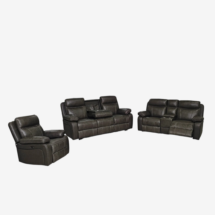 Cuddle 3-Piece Power Recliner Set In Genuine Leather Upholstery - Brown