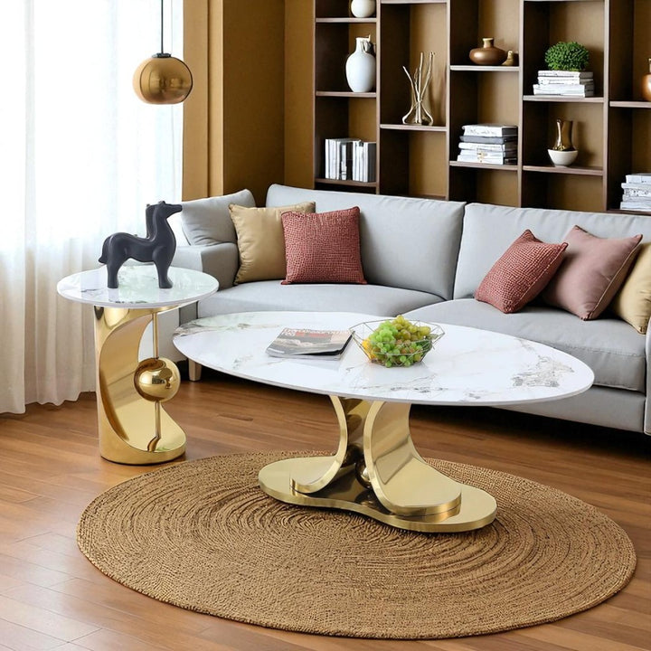 Maria Metallic Coffee Table Set In Polished Gold/ White Finish