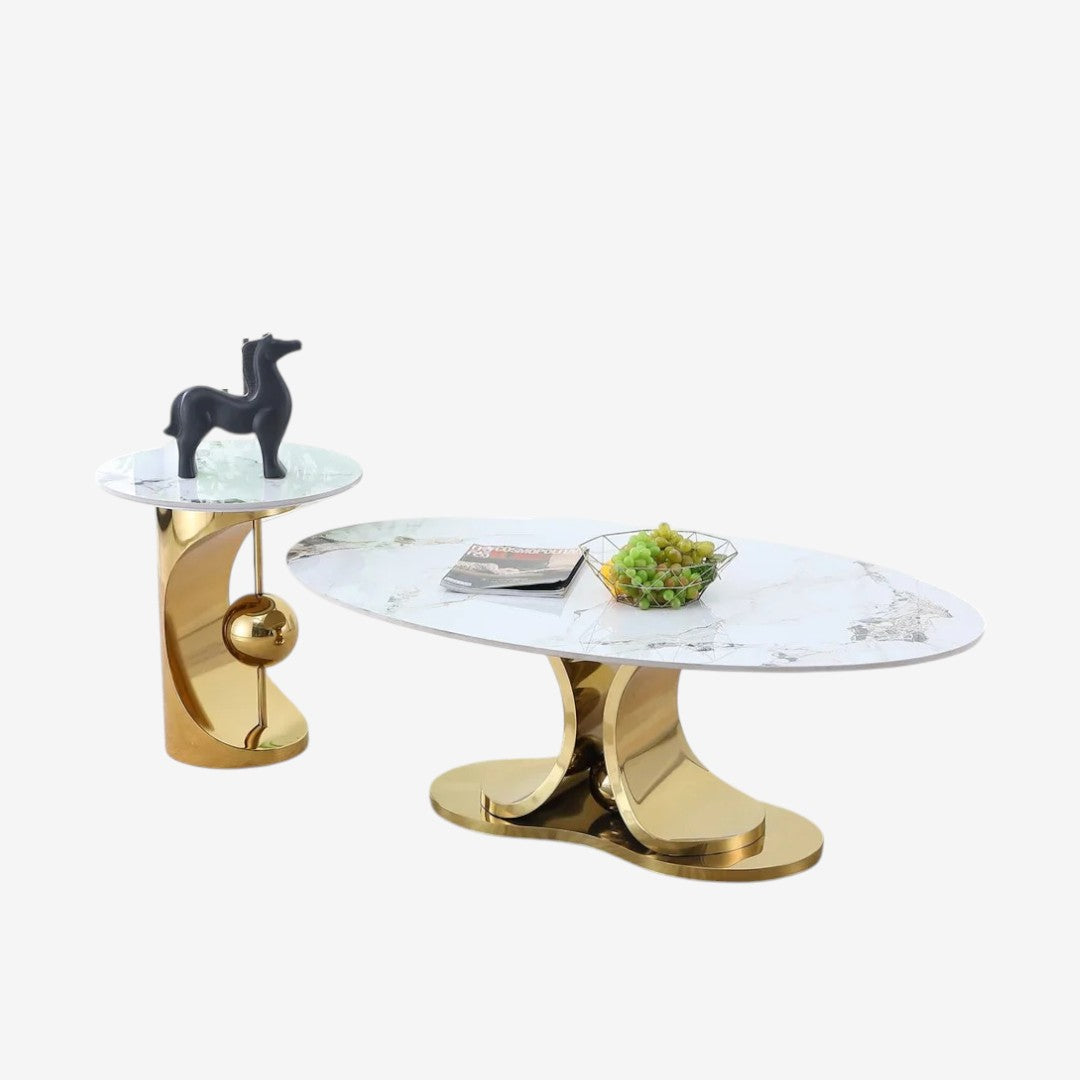Maria Metallic Coffee Table Set In Polished Gold/ White Finish