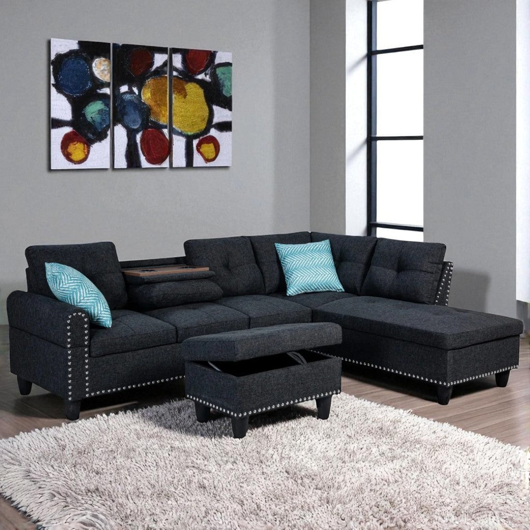Remy Fabric Upholstered RHF Sectional Sofa With Storage Ottoman - Dark Grey