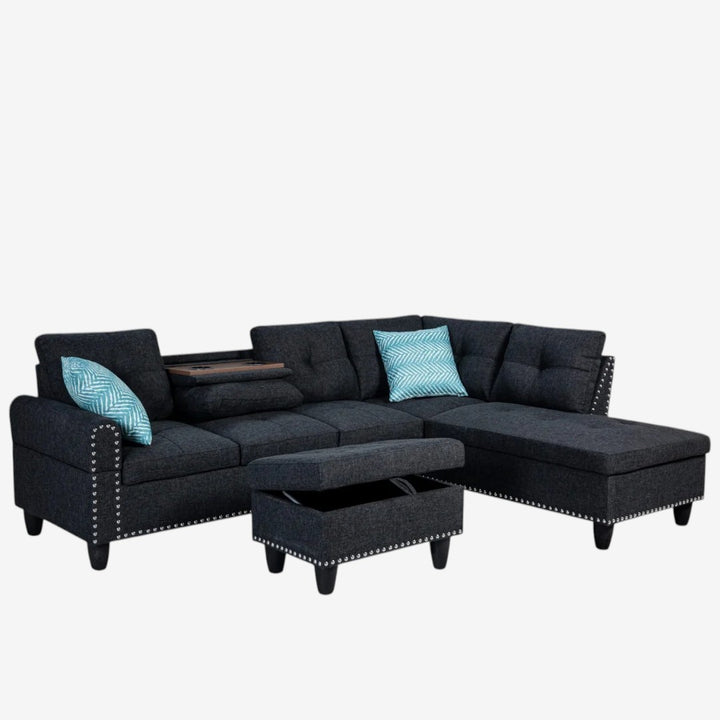 Remy Fabric Upholstered RHF Sectional Sofa With Storage Ottoman - Dark Grey
