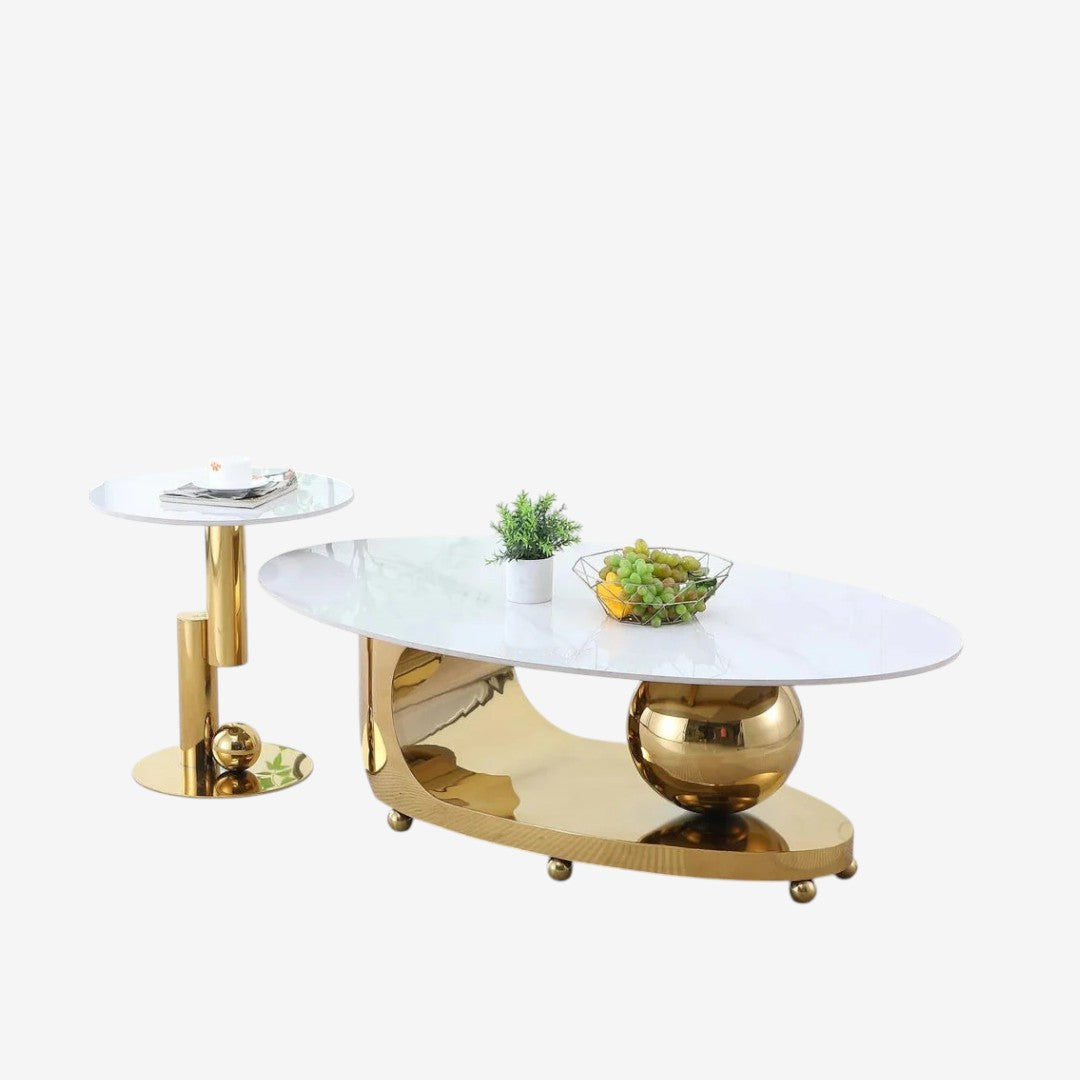 Tessa Metallic Coffee Table Set In Polished Gold/ White Finish