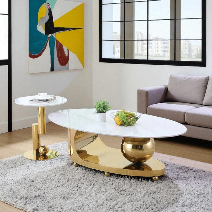 Tessa Metallic Coffee Table Set In Polished Gold/ White Finish