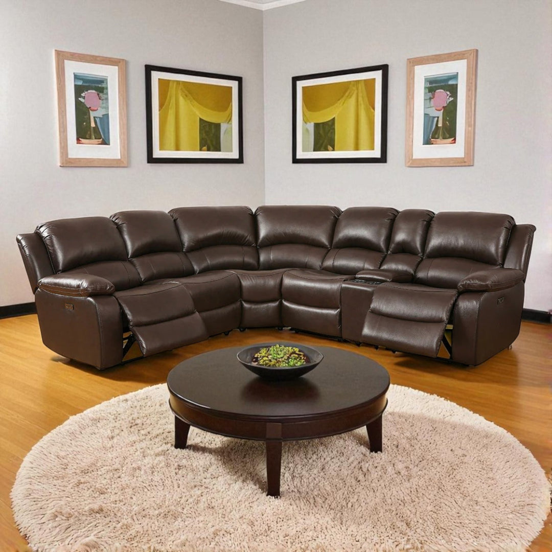 Colton 5-Seater Sectional Recliner In Genuine Leather Match Upholstery - Chocolate