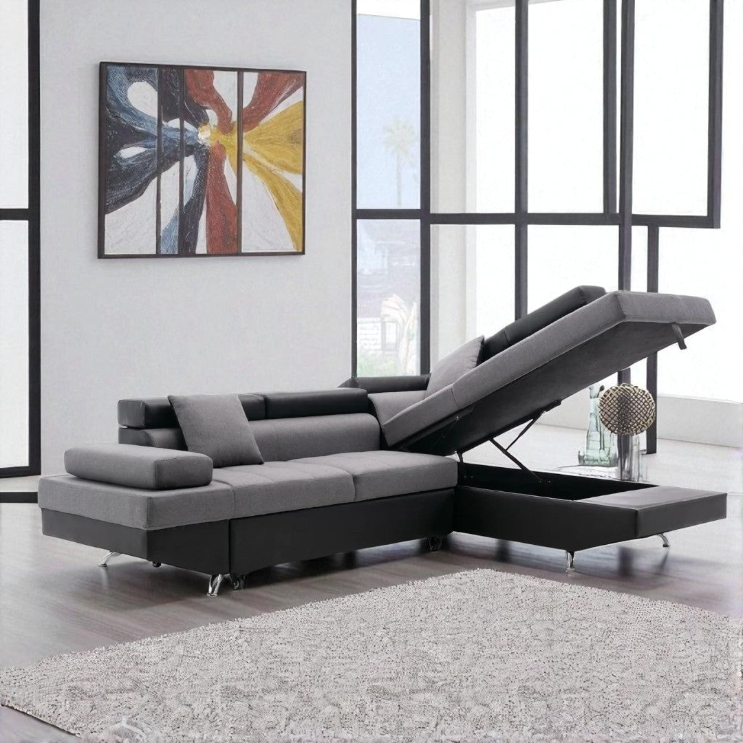 Kingston 5-Seater Sectional Sofa Bed With RHF Storage Chaise - Grey/ Black