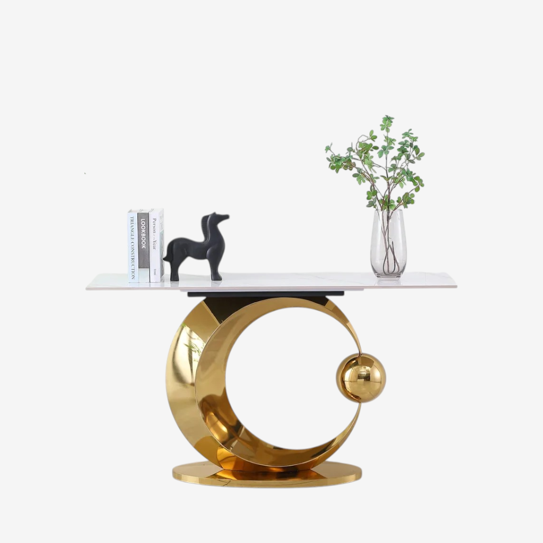 Half Moon Metallic Console Table In Polished Gold/ White Finish