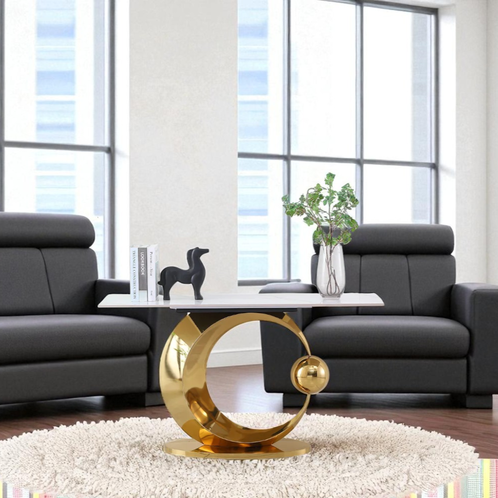 Half Moon Metallic Console Table In Polished Gold/ White Finish