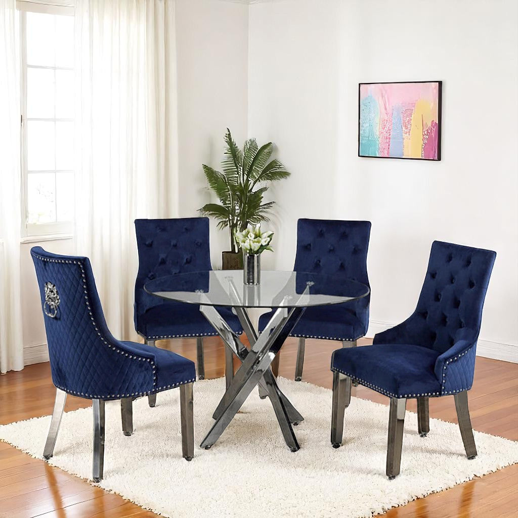Dashiell Metallic Dining Table Set For 4 With Fabric Upholstered Chairs - Blue/ Chrome