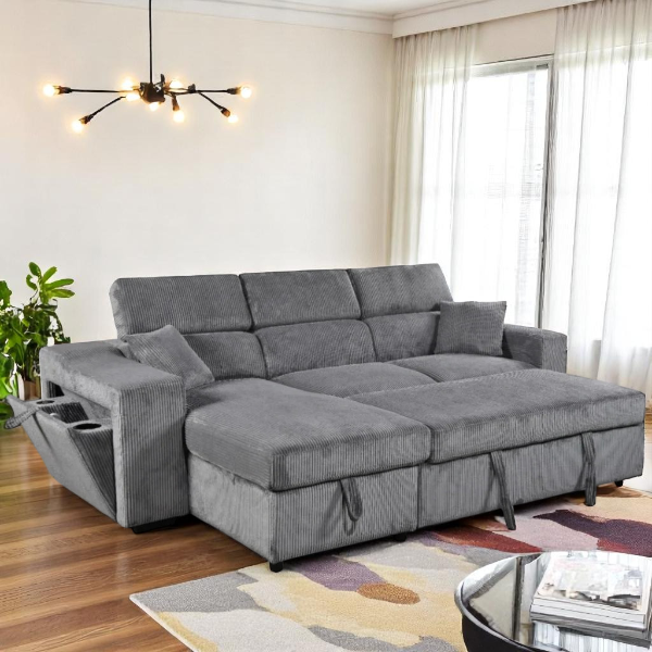 Aureus Reversible Sectional Sofa Bed In Fabric Upholstery - Grey - Close-Up Detail