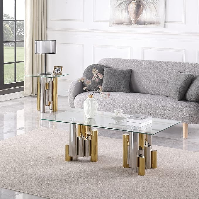 Bethany Elegant Rectangular Coffee Table Set In Gold/ Polished Silver Finish