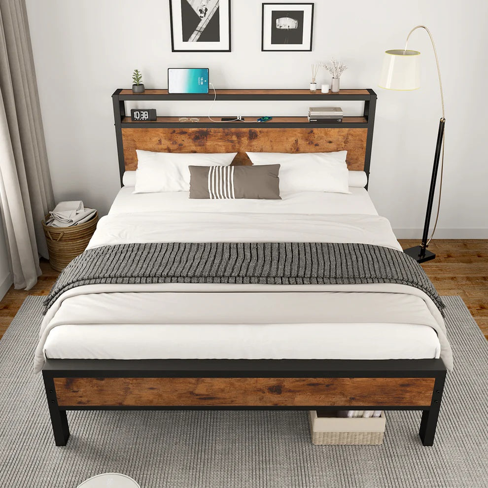 Pioneer Metallic Platform Bed Frame With Storage Headboard - Black/ Brown