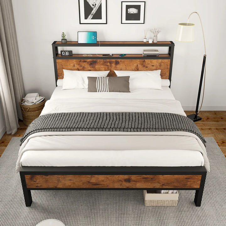 Pioneer Metallic Platform Bed Frame With Storage Headboard - Black/ Brown