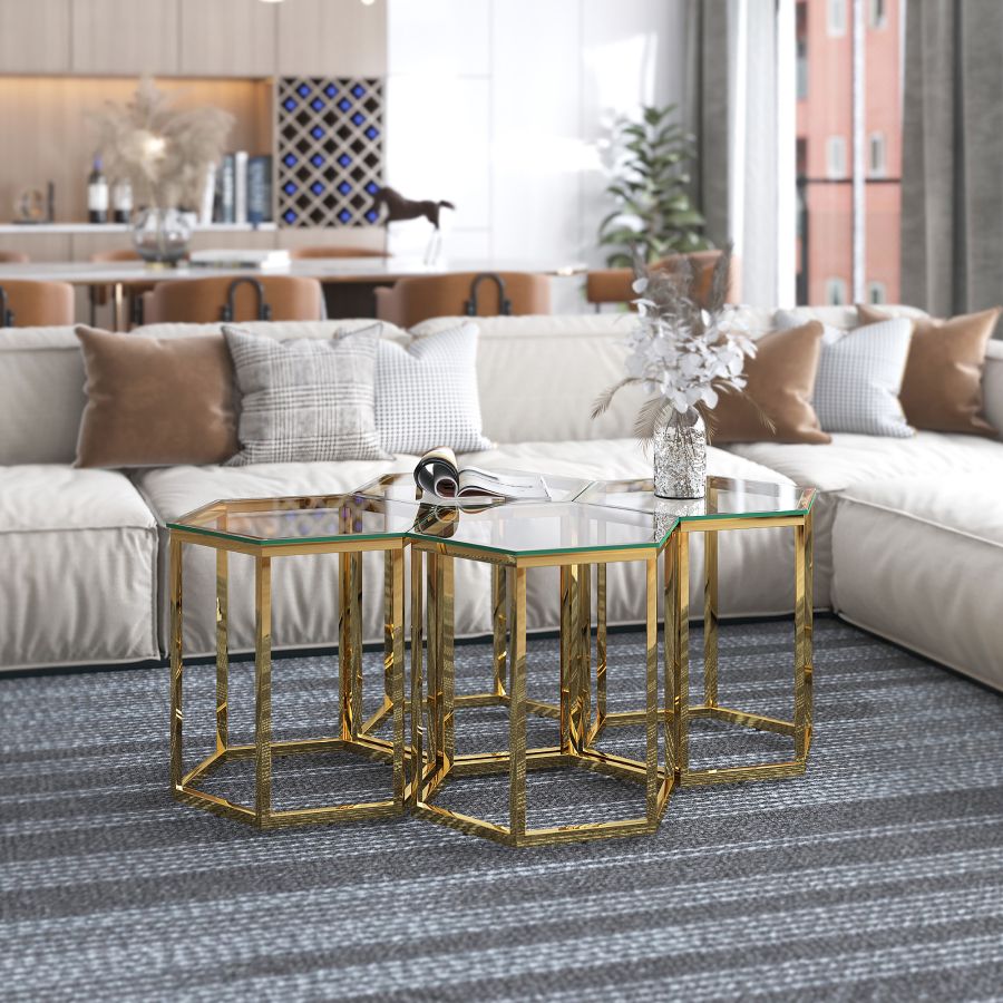 Zelda Contemporary Coffee Table With Elegant Gold Finish | Available In Set of 3 & 4 Pieces