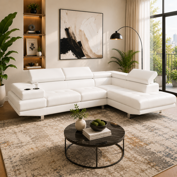 Grayson 3-Seater Sectional Sofa In Leathaire Upholstery - White | Available in LHF/ RHF Configuration