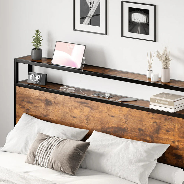 Pioneer Metallic Platform Bed Frame With Storage Headboard - Black/ Brown