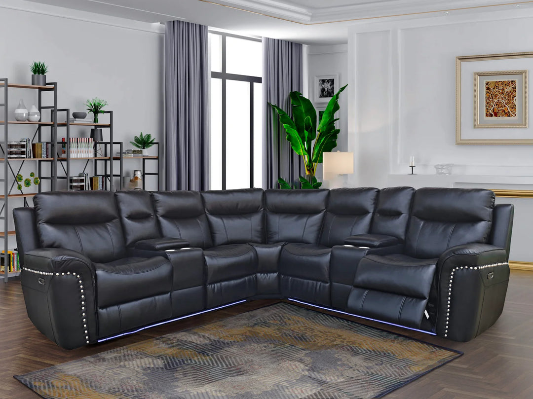 Maxwell 5-Seater Sectional Power Recliner In Gel Leather Upholstery - Black