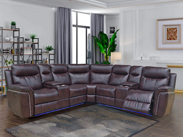Maxwell 5-Seater Sectional Power Recliner In Gel Leather Upholstery - Chocolate