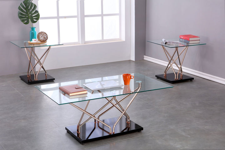 Stylish 3-Piece Coffee Table Set in Black/Rose Gold with Tempered Glass Tops