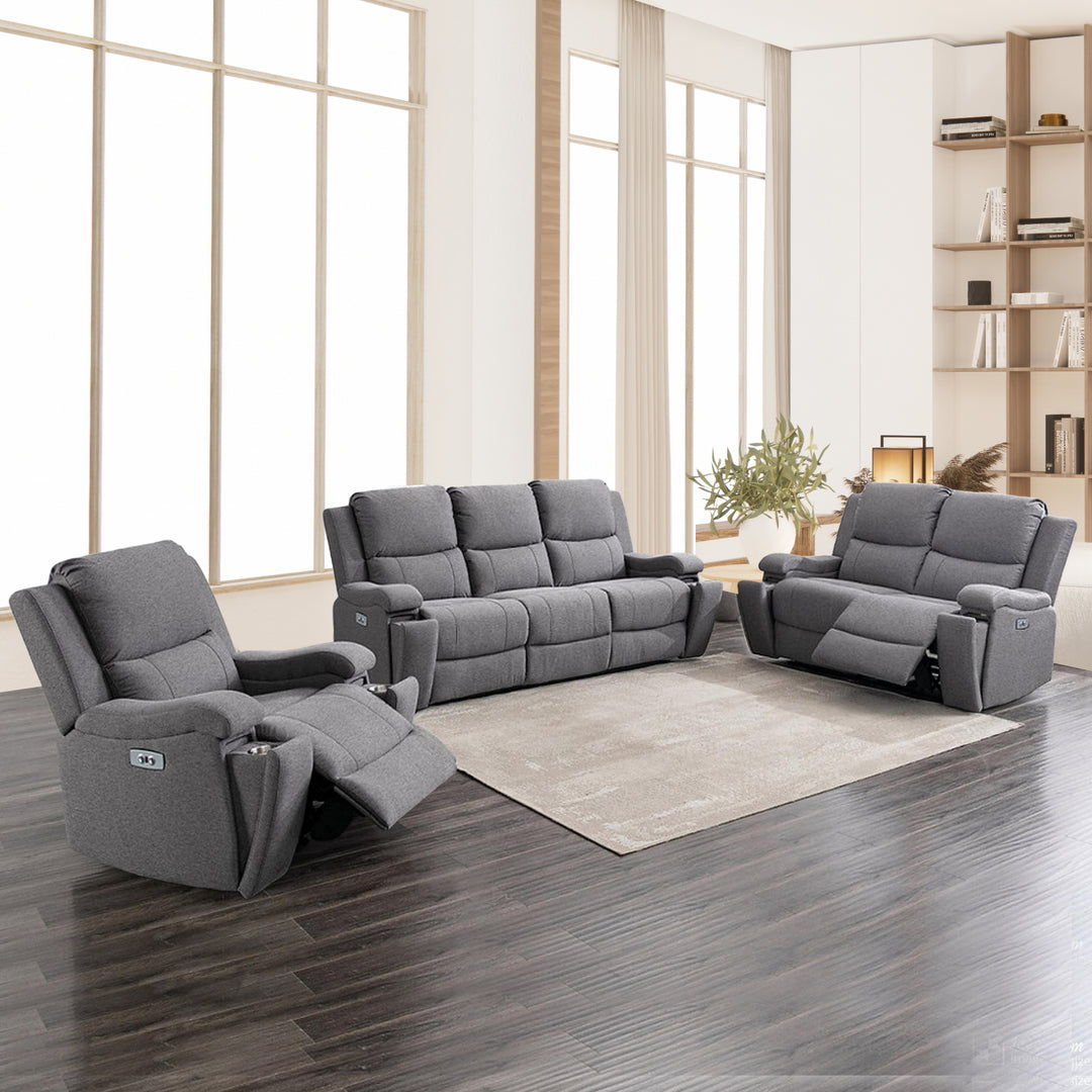 Lexar 3-Piece Power Recliner Set In Soft Fabric Upholstery - Appealing Grey