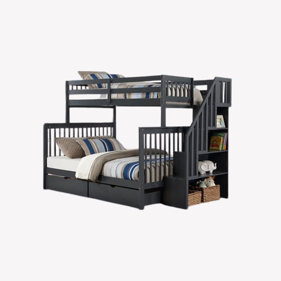 Melody Bunk Bed (Single/ Double) With Storage Drawers & Pull Out Trundle - Grey