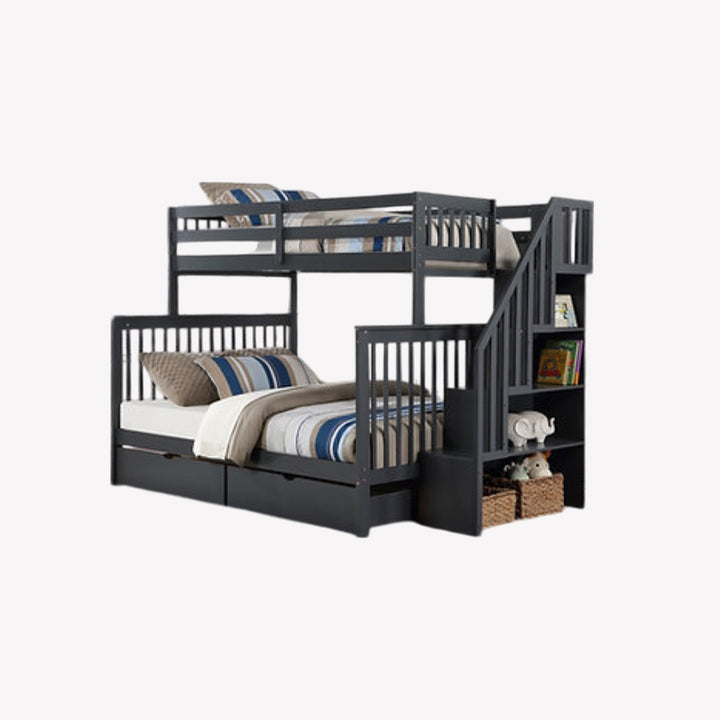 Melody Bunk Bed (Single/ Double) With Storage Drawers & Pull Out Trundle - Grey